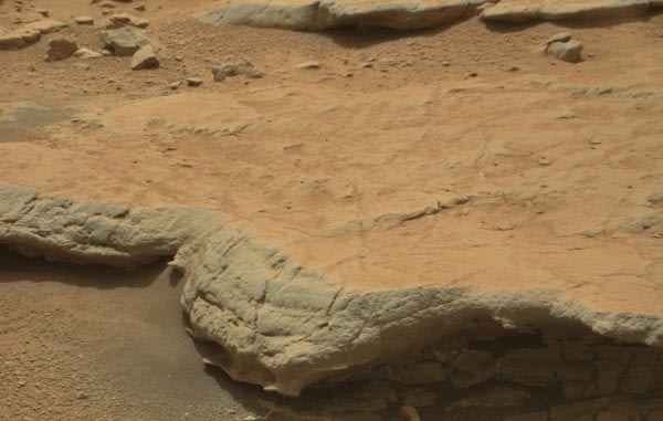 A rock bed at the Gillespie Lake outcrop on Mars displays potential signs of ancient microbial sedimentary structures